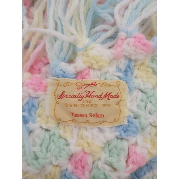 Handmade Crochet Baby Blanket Pastel Afghan 44”x 36” Blue Pink Yellow Nursery - Picture 5 of 8